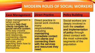 MODERN ROLES OF SOCIAL WORKERS
Case Management
Case management is
when social
workers help their
clients navigate the
soci...