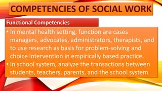 COMPETENCIES OF SOCIAL WORK
Functional Competencies
• In mental health setting, function are cases
managers, advocates, ad...