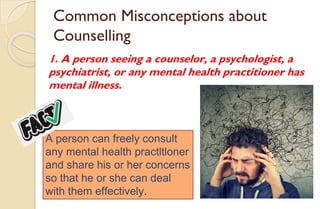 Common Misconceptions about
Counselling
1. A person seeing a counselor, a psychologist, a
psychiatrist, or any mental health practitioner has
mental illness.
A person can freely consult
any mental health practltloner
and share his or her concerns
so that he or she can deal
with them effectively.
 