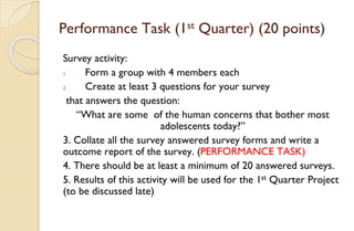 Performance Task (1st Quarter) (20 points)
Survey activity:
1. Form a group with 4 members each
2. Create at least 3 questions for your survey
that answers the question:
“What are some of the human concerns that bother most
adolescents today?”
3. Collate all the survey answered survey forms and write a
outcome report of the survey. (PERFORMANCE TASK)
4. There should be at least a minimum of 20 answered surveys.
5. Results of this activity will be used for the 1st Quarter Project
(to be discussed late)
 