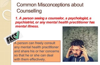 Common Misconceptions about
Counselling
1. A person seeing a counselor, a psychologist, a
psychiatrist, or any mental health practitioner has
mental illness.
A person can freely consult
any mental health practltloner
and share his or her concerns
so that he or she can deal
with them effectively.
 