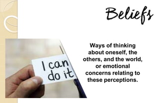 Ways of thinking
about oneself, the
others, and the world,
or emotional
concerns relating to
these perceptions.
 