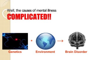 Well, the causes of mental illness
are
COMPLICATED!!
Genetics Environment
+ →
Brain Disorder
 