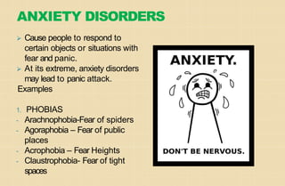 ANXIETY DISORDERS
⮚ Cause people to respond to
certain objects or situations with
fear and panic.
⮚ At its extreme, anxiety disorders
may lead to panic attack.
Examples
1. PHOBIAS
- Arachnophobia-Fear of spiders
- Agoraphobia – Fear of public
places
- Acrophobia – Fear Heights
- Claustrophobia- Fear of tight
spaces
 