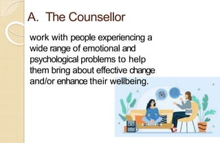 A. The Counsellor
work with people experiencing a
wide range of emotional and
psychological problems to help
them bring about effective change
and/or enhance their wellbeing.
 