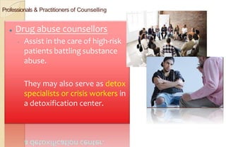 Professionals & Practitioners of Counselling
⚫ Drug abuse counsellors
◦ Assist in the care of high-risk
patients battling substance
abuse.
◦ They may also serve as detox
specialists or crisis workers in
a detoxification center.
 