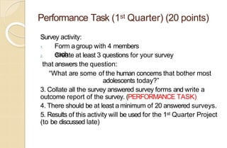 Performance Task (1st Quarter) (20 points)
Survey activity:
1. Form agroup with 4 members
each
2. Create at least 3 questions for your survey
that answers the question:
“What are some of the human concerns that bother most
adolescents today?”
3. Collate all the survey answered survey forms and write a
outcome report of the survey. (PERFORMANCE TASK)
4. There should be at least aminimum of 20 answered surveys.
5. Results of this activity will be used for the 1st Quarter Project
(to be discussed late)
 