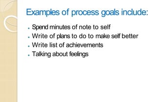 Examples of process goals include:
⚫ Spend minutes of note to self
⚫ Write of plans to do to make self better
⚫ Write list of achievements
⚫ Talking about feelings
 