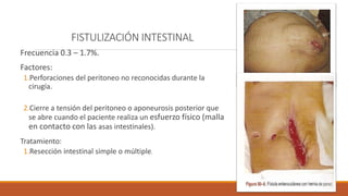 FISTULIZACIÓN INTESTINAL
Frecuencia 0.3 – 1.7%.
Factores:
1.Perforaciones del peritoneo no reconocidas durante la
cirugía.
2.Cierre a tensión del peritoneo o aponeurosis posterior que
se abre cuando el paciente realiza un esfuerzo físico (malla
en contacto con las asas intestinales).
Tratamiento:
1.Resección intestinal simple o múltiple.
 