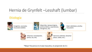 Hernia de Grynfelt –Lesshaft (lumbar)
Etiología
Congénita: anomalías
musculares (doble)
Adquiridas: (posquirúrgicas,
postraumáticas, espontáneas,
iatrogenias, etc)
Edad: debilidad y atrofias
musculares
Esfuerzos: (constipación,
partos, tos, etc)
Ejercicios violentos: (levantar
pesos, caídas, etc.)
*Mayor frecuencia en el sexo masculino, en proporción de 3:1
 