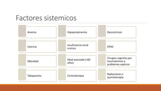 Factores sistemicos
Anemia Hipoproteinemia Desnutricion
Ictericia
Insuficiencia renal
cronica
EPOC
Obesidad
Edad avanzada (>60
años)
Cirugias urgentes por
traumatismos o
problemas septicos
Tabaquismo Corticoterapia
Radiaciones o
quimioterapia
 