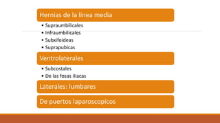 Hernias de la linea media
• Supraumbilicales
• Infraumbilicales
• Subxifoideas
• Suprapubicas
Ventrolaterales
• Subcostales
• De las fosas iliacas
Laterales: lumbares
De puertos laparoscopicos
 