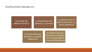 Clasificaciones basadas en:
El tamaño del
defecto herniario
La localizacion del
defecto y su tamaño
La relacion entre el
defecto herniario y la
pared abdominal
El tamaño del saco
herniario y la pared
abdominal
El tamaño del saco
herniario en relacion
con la capacidad de
la cavidad abdominal
 