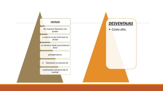 VENTAJAS
No requiere fijaciones con
grapas
o suturas lo que evita que se
atrape
un nervio o tejido que produzca
dolor
postoperatorio.
2. Favorecen un proceso de
cicatrización casi parecido al
normal.
DESVENTAJAS
• Costo alto.
 