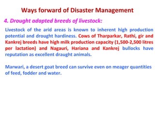 Ways forward of Disaster Management
4. Drought adapted breeds of livestock:
Livestock of the arid areas is known to inherent high production
potential and drought hardiness. Cows of Tharparkar, Rathi, gir and
Kankrej breeds have high milk production capacity (1,500-2,500 litres
per lactation) and Nagauri, Hariana and Kankrej bullocks have
reputation as excellent draught animals.
Marwari, a desert goat breed can survive even on meager quantities
of feed, fodder and water.
 