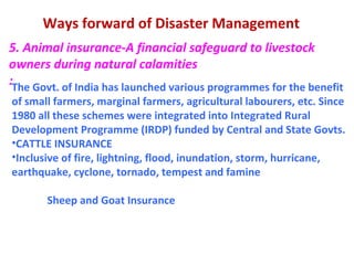 Ways forward of Disaster Management
5. Animal insurance-A financial safeguard to livestock
owners during natural calamities
:The Govt. of India has launched various programmes for the benefit
of small farmers, marginal farmers, agricultural labourers, etc. Since
1980 all these schemes were integrated into Integrated Rural
Development Programme (IRDP) funded by Central and State Govts.
•CATTLE INSURANCE
•Inclusive of fire, lightning, flood, inundation, storm, hurricane,
earthquake, cyclone, tornado, tempest and famine
Sheep and Goat Insurance
 