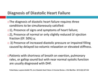 Diagnosis of Diastolic Heart Failure
The diagnosis of diastolic heart failure requires three
conditions to be simultaneou...