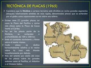 TECTÓNICA DE PLACAS (1965)
 Existen siete (7) grandes placas así
como la Placa del Pacífico y varias
más chicas como la Placa de Cocos
frente al Caribe.
 Por ser las placas parte de la
litósfera, se extienden a
profundidades de 100 a 200 km.
 Están el constante movimiento y flotan
sobre el manto viscoso.
 Cada placa se desliza
horizontalmente relativa a la vecina
sobre la roca más blanda
inmediatamente por debajo.
 Más del setenta por ciento del área
de las placas cubre los grandes
océanos como el Pacífico, el Atlántico
y el Océano Indico.
 Considera que la litósfera o corteza terrestre está dividida en varios grandes segmentos
(bloques) relativamente estables de roca rígida, denominados placas que se extienden
por el globo como caparazones curvos sobre una esfera.
 