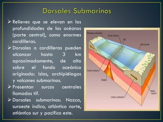 Relieves que se elevan en las
profundidades de los océanos
(parte central), como enormes
cordilleras.
Dorsales o cordilleras pueden
alcanzar hasta 3 km
aproximadamente, de alto
sobre el fondo oceánico
originado: islas, archipiélagos
y volcanes submarinos.
Presentan surcos centrales
llamados tif.
Dorsales submarinos: Nazca,
suroeste índico, atlántico norte,
atlántico sur y pacífico este.
 