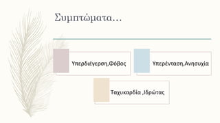 Συμπτώματα…
Υπερδιέγερση,Φόβος Υπερένταση,Ανησυχία
Ταχυκαρδία ,Ιδρώτας
 
