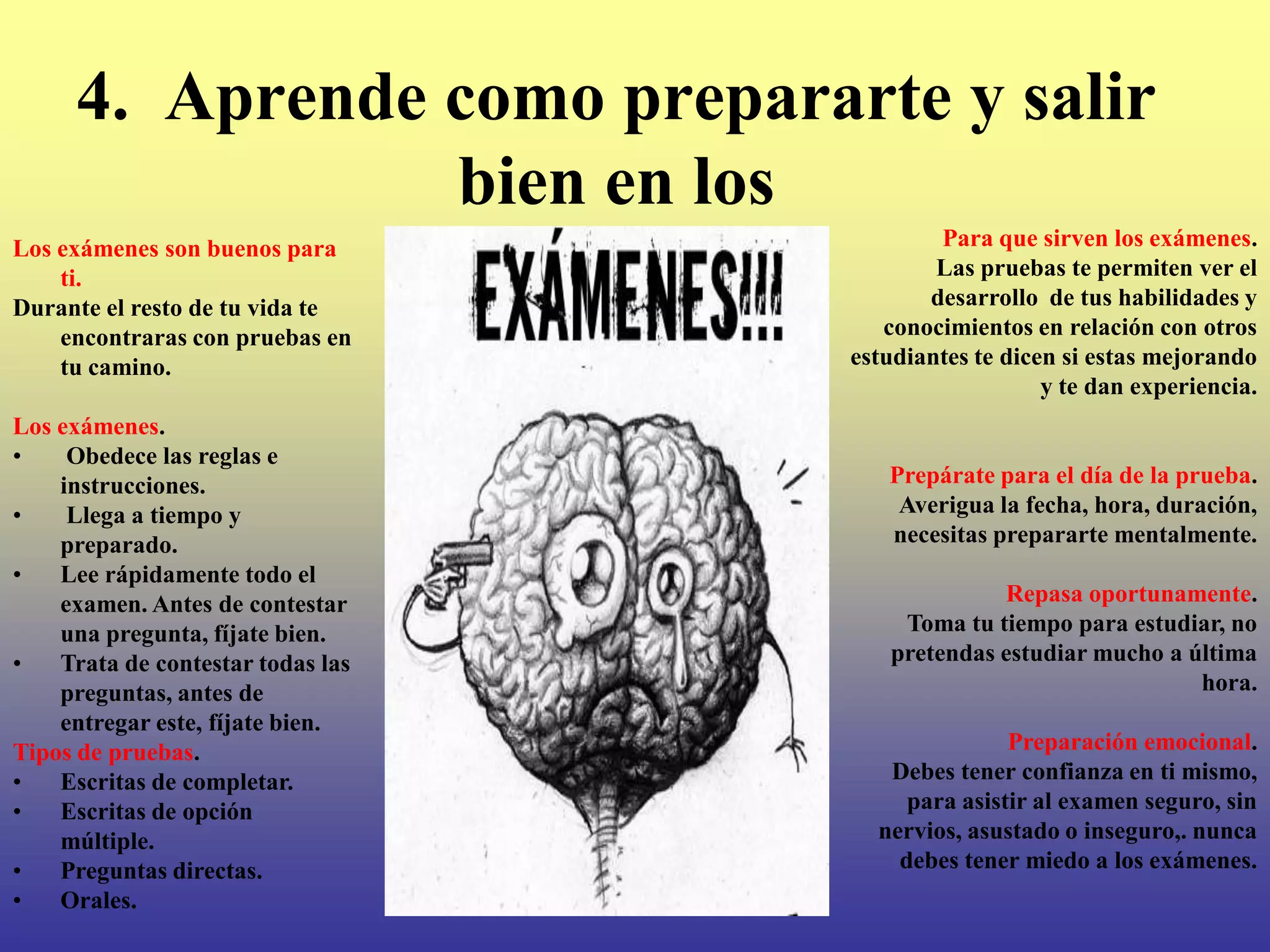 4. Aprende como prepararte y salir
                 bien en los
Los exámenes son buenos para               Para que sirven los exámenes.
    ti.                                    Las pruebas te permiten ver el
Durante el resto de tu vida te            desarrollo de tus habilidades y
    encontraras con pruebas en        conocimientos en relación con otros
    tu camino.                     estudiantes te dicen si estas mejorando
                                                      y te dan experiencia.
Los exámenes.
•    Obedece las reglas e
    instrucciones.                    Prepárate para el día de la prueba.
•    Llega a tiempo y                  Averigua la fecha, hora, duración,
    preparado.                        necesitas prepararte mentalmente.
•   Lee rápidamente todo el
    examen. Antes de contestar                  Repasa oportunamente.
    una pregunta, fíjate bien.         Toma tu tiempo para estudiar, no
•   Trata de contestar todas las      pretendas estudiar mucho a última
    preguntas, antes de                                           hora.
    entregar este, fíjate bien.
Tipos de pruebas.                                 Preparación emocional.
•   Escritas de completar.            Debes tener confianza en ti mismo,
•   Escritas de opción                  para asistir al examen seguro, sin
    múltiple.                        nervios, asustado o inseguro,. nunca
•   Preguntas directas.                debes tener miedo a los exámenes.
•   Orales.
 