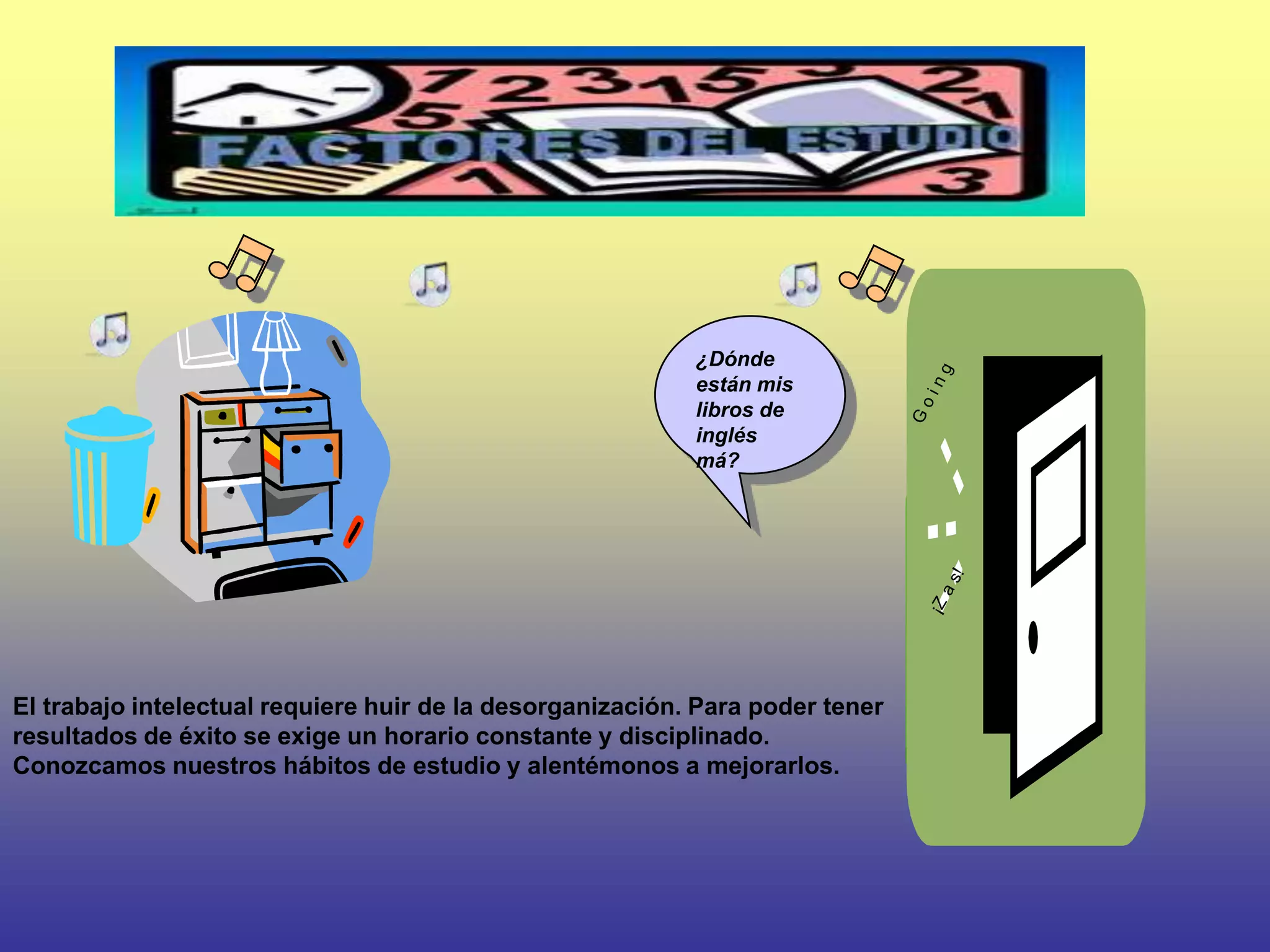 ¿Dónde
                                                           están mis
                                                           libros de
                                                           inglés
                                                           má?




El trabajo intelectual requiere huir de la desorganización. Para poder tener
resultados de éxito se exige un horario constante y disciplinado.
Conozcamos nuestros hábitos de estudio y alentémonos a mejorarlos.
 