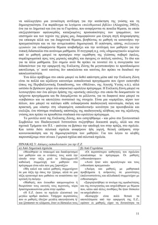 να καλλιεργήσει µια γενικότερη αντίληψη για την κατάκτηση της γνώσης και τη
δηµιουργικότητα. Για παράδειγµα τα λεγόµενα «πολυθεµατικά βιβλία» (Αλαχιώτης 2002γ),
ένα για το ∆ηµοτικό και ένα για το Γυµνάσιο, που αναφέρονται σε ποικίλα θέµατα, τα οποία
επεξεργάστηκαν αφιλοκερδώς καταξιωµένες προσωπικότητες των γραµµάτων, των
επιστηµών και των τεχνών της χώρας µας, διαµορφώνουν µια έγκυρη πηγή πληροφόρησης
για επίκαιρα αλλά και για διαχρονικά θέµατα, βοηθώντας το µαθητή να κατανοήσει την
πραγµατικότητα και να την αντιµετωπίσει δηµιουργικά. Η εκπόνηση, επίσης, συλλογικών
εργασιών για ενδιαφέροντα θέµατα αναβαθµίζει και την αντίληψη των µαθητών για την
τυπική διδασκαλία στα αυτόνοµα µαθήµατα. Η συγγραφή π.χ. ενός «δηµιουργικού» κειµένου
από το µαθητή µπορεί να προσφέρει στην εκµάθηση της γλώσσας σοβαρό όφελος,
συµπληρωµατικά προς τους µερικώς απεχθείς και άψυχους εν πολλοίς κανόνες. Το ίδιο και
για τα άλλα µαθήµατα. Στο σηµείο αυτό θα πρέπει να τονιστεί ότι η συνεργασία των
διδασκόντων για την εφαρµογή της Ευέλικτης Ζώνης θα µεγιστοποιήσει το προσδοκώµενο
αποτέλεσµα, γι΄ αυτό κανένας δεν αποκλείεται και κανένας δεν πρέπει να διεκδικεί την
αποκλειστικότητα.
Ένα άλλο πρόβληµα στο οποίο µπορεί να δοθεί απάντηση µέσα από την Ευέλικτη Ζώνη
είναι τα πολλά και αξιόλογα καινοτόµα εκπαιδευτικά προγράµµατα που έχουν εκπονηθεί
(όπως της Περιβαλλοντικής Εκπαίδευσης, του «Μελίνα», της Αγωγής Υγείας κ.ά.), αλλά
ωστόσο δε βρίσκουν χώρο στο ασφυκτικό ωρολόγιο πρόγραµµα. Η Ευέλικτη Ζώνη µπορεί να
λειτουργήσει σαν ένα φίλτρο δράσης της «φυσικής επιλογής» στο οποίο θα δοκιµαστούν τα
τρέχοντα προγράµµατα και θα δοκιµάζονται τα µέλλοντα, για να διαφανεί ποιο µπορεί να
«επιβιώσει» και να αποτελέσει συστατικό της στοιχείο. Είναι µια «οµπρέλα», πέραν των
άλλων, που µπορεί να καλύψει κάθε ενδιαφέρουσα παιδαγωγική καινοτοµία, σκέψη και
πρακτική, µια «όαση» στη «διψασµένη εκπαιδευτική» κοινότητα για πρωτοβουλία και
ευελιξία, ένα σύστηµα σταδιακής απόσταξης της παιδαγωγικής αλήθειας και της αξιόλογης
γνώσης που πρέπει να προωθείται σταδιακά στο ωρολόγιο πρόγραµµα.
Το µοντέλο αυτό της Ευέλικτης Ζώνης, που εισηγηθήκαµε - και µόνο στο Συντονιστικό
Συµβούλιο του Παιδαγωγικού Ινστιτούτου συζητήθηκε δεκαεπτά φορές, αλλά και στα
σχετικά Τµήµατα του Π.Ι. - φαίνεται να βρίσκει την αποδοχή του στην πράξη, στο σχολείο.
Και τούτο διότι πιλοτικά σχολεία αναφέρουν ήδη γοργή, θετική επίδραση στην
κοινωνικοποίηση και τη δηµιουργικότητα των µαθητών. Για του λόγου το αληθές
παρουσιάζουµε στον πίνακα 3 µερικά σχόλια από πιλοτικά σχολεία.
ΠΙΝΑΚΑΣ 3: Απόψεις εκπαιδευτικών για την Ε.Ζ.
α) Από ∆ηµοτικά σχολεία
β) Από Γυµνάσια
«Μειώθηκαν οι τσακωµοί και διαπληκτισµοί
των µαθητών και οι εντάσεις τους κατά την
είσοδο στην τάξη µετά το διάλειµµα»«Η
καθολική συµµετοχή των µαθητών στο
πρόγραµµα είναι κάτι που µας ξαφνιάζει»
«Μη καλοί και καλοί µαθητές συµµετέχουν
σε µια τάξη όχι όπως την ξέραµε, αλλά σε µια
τάξη οργανισµό που µαθαίνει να αναπτύσσει την
κριτική τη σκέψη»
«Μαθητές που ένοιωθαν αποµονωµένοι ή
θεωρούσαν τους εαυτούς τους περιττούς, τώρα
δραστηριοποιούνται µέσα στην οµάδα»
«Η Ε.Ζ. έκανε το σχολείο ελκυστικό για
µεγάλο αριθµό παιδιών. Υπήρχαν περιπτώσεις
που οι µαθητές έδειξαν µεγάλη απογοήτευση ή/
και ξέσπασαν σε κλάµατα, όταν οι δάσκαλοι τους

«Οι περισσότεροι καθηγητές του σχολείου
αγκαλιάσαµε το πρόγραµµα. Οι µαθητές
ενθουσιάστηκαν»
«Αυτό ήταν κάτι πρωτόγνωρο και τους
ενθουσίασε πραγµατικά»
«Ακόµη και µαθητές µε µαθησιακά
προβλήµατα ή ανήκοντες σε µειονότητες
(παλιννοστούντες και αλλοδαποί) συµµετείχαν µε
ενθουσιασµό»
«Σφυρηλατήθηκε το πνεύµα της οµαδικότητας
και της συνεργασίας και ασχολήθηκαν µε θέµατα
που, κάτω από άλλες συνθήκες θα ήταν δύσκολο
να ασχοληθούν.»
«Καταρχήν
είναι
πολύ
θετικά
τα
αποτελέσµατα από την εφαρµογή της Ε.Ζ.,
εφόσον οι µαθητές είχαν τη δυνατότητα να

11

 