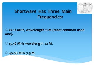 Shortwave Has Three Main 
Frequencies: 
 27.12 MHz, wavelength 11 M (most common used 
one). 
 13.56 MHz wavelength 22 M. 
 40.68 MHz 7.5 M. 
 