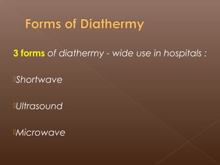  In shortwave diathermy, the part to be
treated is placed between two
condenser plates, and the highest
temperature is co...