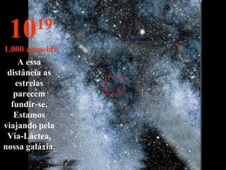 1019
1.000 anos-luz
A essa
distância as
estrelas
parecem
fundir-se.
Estamos
viajando pela
Via-Láctea,
nossa galáxia.
 