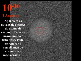 Aparecem as
nuvens de eletrões
do átomo de
carbono. Tudo no
nosso mundo é
feito disso. Pode-
se reparar a
semelhança do
micro com o
macrocosmo ...
10-10
1 Angstron
 