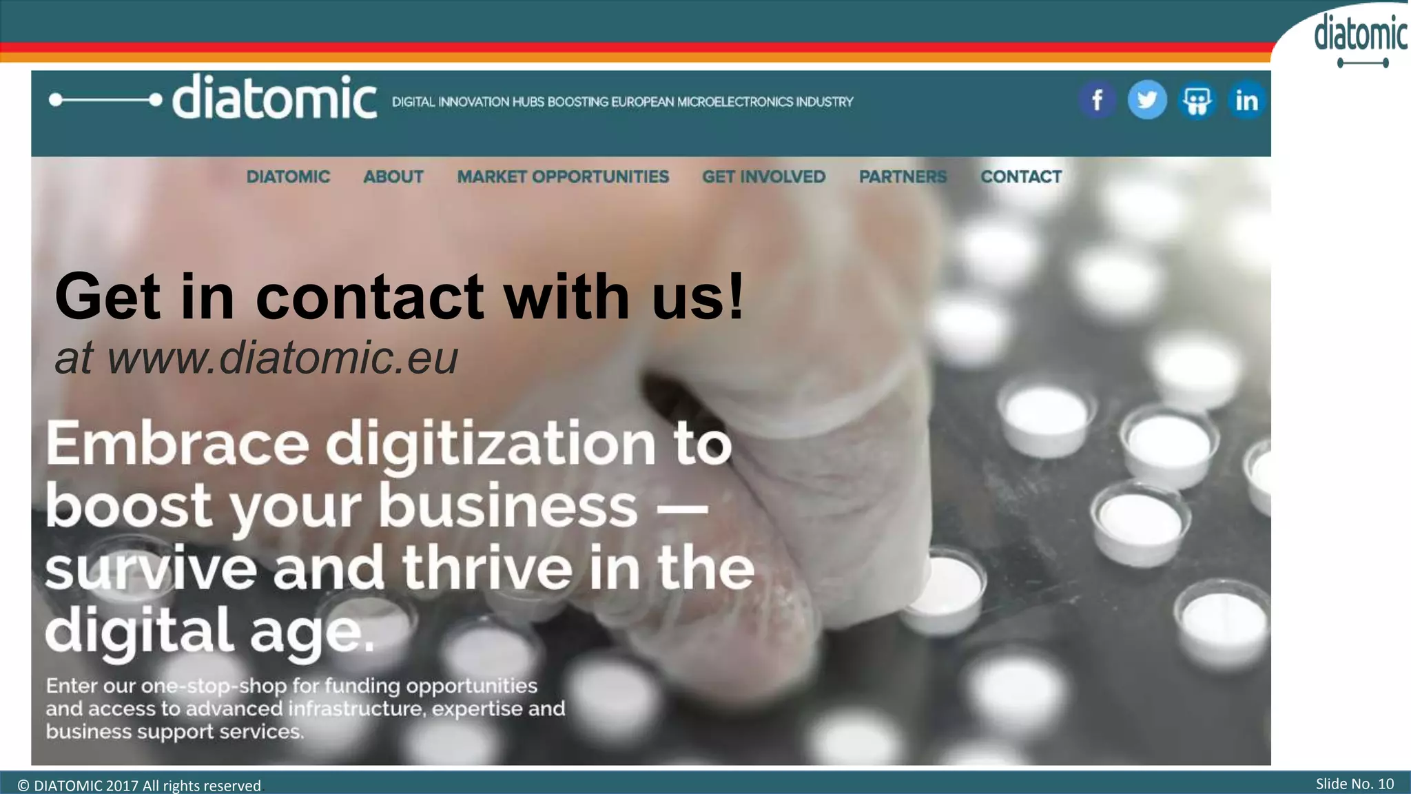 Slide No. 10© DIATOMIC 2017 All rights reserved.
Get in contact with us!
at www.diatomic.eu
 