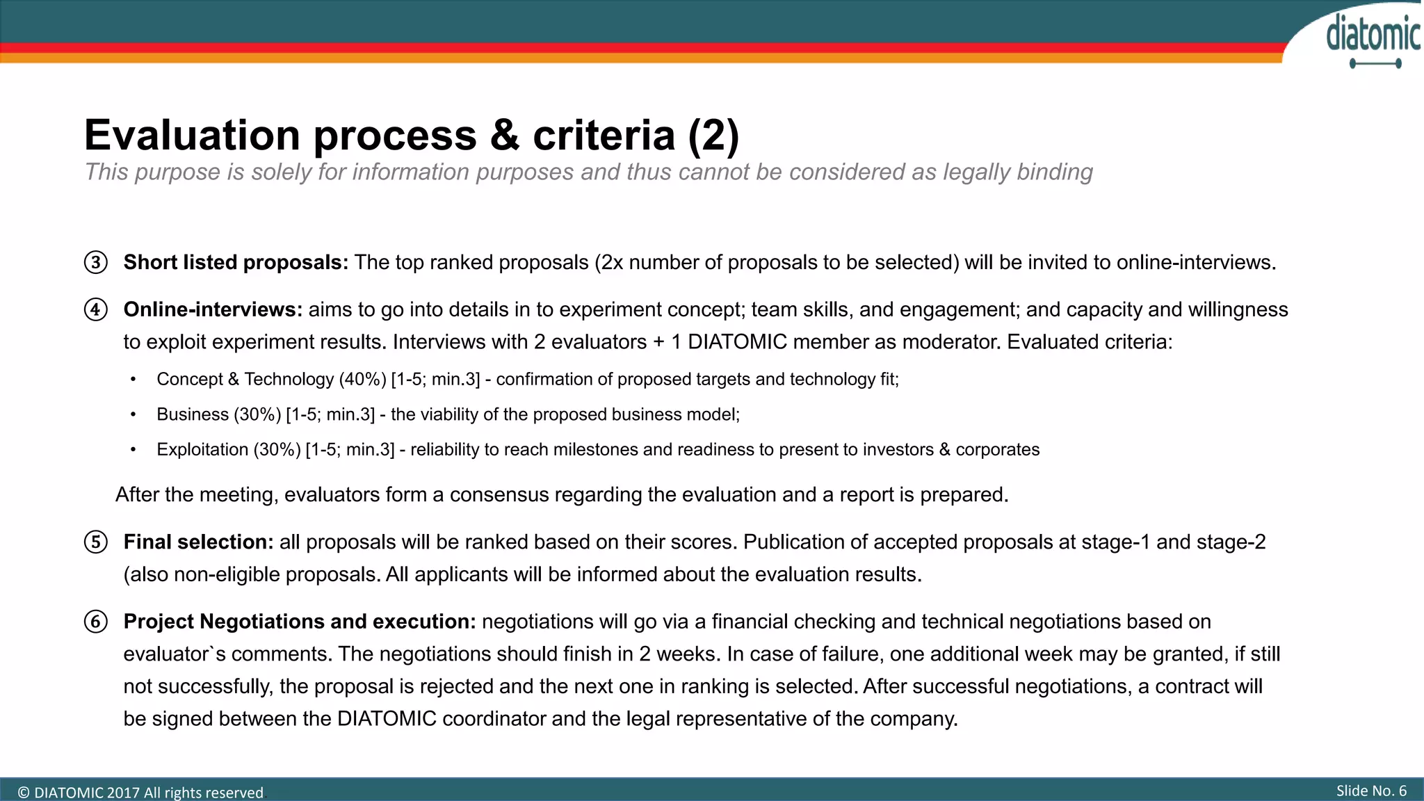 Slide No. 6© DIATOMIC 2017 All rights reserved.
③ Short listed proposals: The top ranked proposals (2x number of proposals to be selected) will be invited to online-interviews.
④ Online-interviews: aims to go into details in to experiment concept; team skills, and engagement; and capacity and willingness
to exploit experiment results. Interviews with 2 evaluators + 1 DIATOMIC member as moderator. Evaluated criteria:
• Concept & Technology (40%) [1-5; min.3] - confirmation of proposed targets and technology fit;
• Business (30%) [1-5; min.3] - the viability of the proposed business model;
• Exploitation (30%) [1-5; min.3] - reliability to reach milestones and readiness to present to investors & corporates
After the meeting, evaluators form a consensus regarding the evaluation and a report is prepared.
⑤ Final selection: all proposals will be ranked based on their scores. Publication of accepted proposals at stage-1 and stage-2
(also non-eligible proposals. All applicants will be informed about the evaluation results.
⑥ Project Negotiations and execution: negotiations will go via a financial checking and technical negotiations based on
evaluator`s comments. The negotiations should finish in 2 weeks. In case of failure, one additional week may be granted, if still
not successfully, the proposal is rejected and the next one in ranking is selected. After successful negotiations, a contract will
be signed between the DIATOMIC coordinator and the legal representative of the company.
Evaluation process & criteria (2)
This purpose is solely for information purposes and thus cannot be considered as legally binding
 