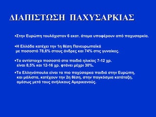 ΔΙΑΠΙΣΤΩΣΗ ΠΑΧΥΣΑΡΚΙΑΣΔΙΑΠΙΣΤΩΣΗ ΠΑΧΥΣΑΡΚΙΑΣ
•Στην Ευρώπη τουλάχιστον 6 εκατ. άτομα υποφέρουν από παχυσαρκία.
•Η Ελλάδα κατέχει την 1η θέση Πανευρωπαϊκά
με ποσοστό 78,6% στους άνδρες και 74% στις γυναίκες.
•Το αντίστοιχο ποσοστό στα παιδιά ηλικίας 7-12 χρ.
είναι 8,5% και 12-16 χρ. φτάνει μέχρι 30%.
•Τα Ελληνόπουλα είναι τα πιο παχύσαρκα παιδιά στην Ευρώπη,
και μάλιστα, κατέχουν την 2η θέση, στην παγκόσμια κατάταξη,
αμέσως μετά τους ανήλικους Αμερικανούς.
 