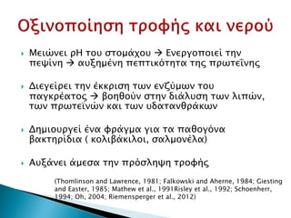  Μειώνει ρΗ του στομάχου Ενεργοποιεί την
πεψίνη αυξημένη πεπτικότητα της πρωτεΐνης
 Διεγείρει την έκκριση των ενζύμων του
παγκρέατος βοηθούν στην διάλυση των λιπών,
των πρωτεϊνών και των υδατανθράκων
 Δημιουργεί ένα φράγμα για τα παθογόνα
βακτηρίδια ( κολιβάκιλοι, σαλμονέλα)
 Αυξάνει άμεσα την πρόσληψη τροφής
(Thomlinson and Lawrence, 1981; Falkowski and Aherne, 1984; Giesting
and Easter, 1985; Mathew et al., 1991Risley et al., 1992; Schoenherr,
1994; Oh, 2004; Riemensperger et al., 2012)
Δρ. Βασίλης Συμεού
 