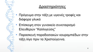 4
Δραστηριότητες
●
Πρόγευμα στην τάξη με υγιεινές τροφές και
διάφορα γλυκά
●
Επίσκεψη στον γυναικείο συνεταιρισμό
Ελευθερών “Καλλιγεύσις”
●
Παρασκευή παραδοσιακών κουραμπιέδων στην
τάξη λίγο πριν τα Χριστούγεννα.
 