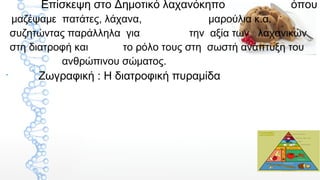 5
Επίσκεψη στο Δημοτικό λαχανόκηπο όπου
μαζέψαμε πατάτες, λάχανα, μαρούλια κ.α.
συζητώντας παράλληλα για την αξία των λαχανικών
στη διατροφή και το ρόλο τους στη σωστή ανάπτυξη του
ανθρώπινου σώματος.
•
Ζωγραφική : Η διατροφική πυραμίδα
 