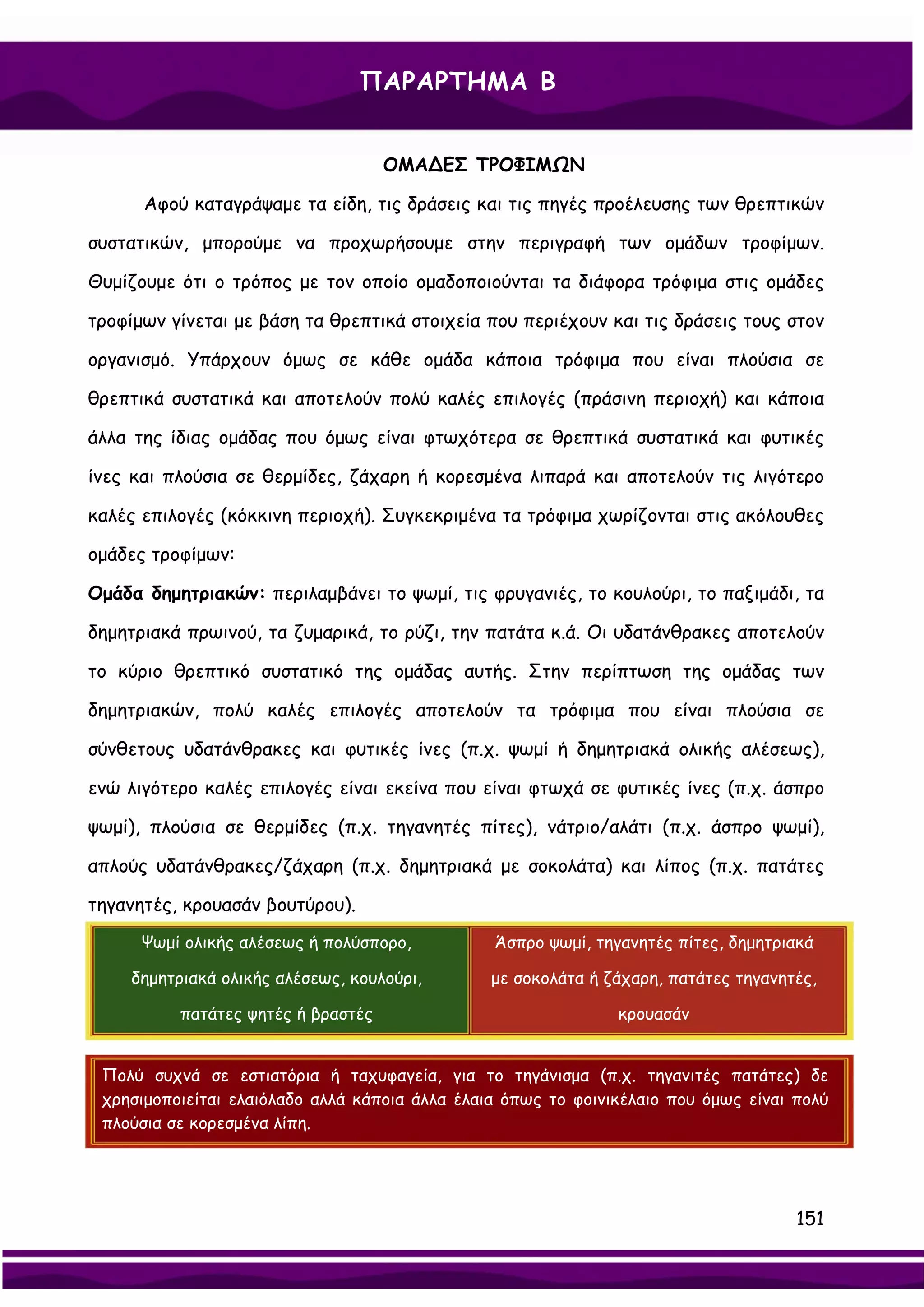ΠΑΡΑΡΤΗΜΑ Β


                                     ΟΜΑ∆ΕΣ ΤΡΟΦΙΜΩΝ

      Αφού καταγράψαμε τα είδη, τις δράσεις και τις πηγές προέλευσης των θρεπτικών

συστατικών, μπορούμε να προχωρήσουμε στην περιγραφή των ομάδων τροφίμων.

Θυμίζουμε ότι ο τρόπος με τον οποίο ομαδοποιούνται τα διάφορα τρόφιμα στις ομάδες

τροφίμων γίνεται με βάση τα θρεπτικά στοιχεία που περιέχουν και τις δράσεις τους στον

οργανισμό. Υπάρχουν όμως σε κάθε ομάδα κάποια τρόφιμα που είναι πλούσια σε

θρεπτικά συστατικά και αποτελούν πολύ καλές επιλογές (πράσινη περιοχή) και κάποια

άλλα της ίδιας ομάδας που όμως είναι φτωχότερα σε θρεπτικά συστατικά και φυτικές

ίνες και πλούσια σε θερμίδες, ζάχαρη ή κορεσμένα λιπαρά και αποτελούν τις λιγότερο

καλές επιλογές (κόκκινη περιοχή). Συγκεκριμένα τα τρόφιμα χωρίζονται στις ακόλουθες

ομάδες τροφίμων:

Ομάδα δημητριακών: περιλαμβάνει το ψωμί, τις φρυγανιές, το κουλούρι, το παξιμάδι, τα

δημητριακά πρωινού, τα ζυμαρικά, το ρύζι, την πατάτα κ.ά. Οι υδατάνθρακες αποτελούν

το κύριο θρεπτικό συστατικό της ομάδας αυτής. Στην περίπτωση της ομάδας των

δημητριακών, πολύ καλές επιλογές αποτελούν τα τρόφιμα που είναι πλούσια σε

σύνθετους υδατάνθρακες και φυτικές ίνες (π.χ. ψωμί ή δημητριακά ολικής αλέσεως),

ενώ λιγότερο καλές επιλογές είναι εκείνα που είναι φτωχά σε φυτικές ίνες (π.χ. άσπρο

ψωμί), πλούσια σε θερμίδες (π.χ. τηγανητές πίτες), νάτριο/αλάτι (π.χ. άσπρο ψωμί),

απλούς υδατάνθρακες/ζάχαρη (π.χ. δημητριακά με σοκολάτα) και λίπος (π.χ. πατάτες

τηγανητές, κρουασάν βουτύρου).
      Ψωμί ολικής αλέσεως ή πολύσπορο,          Άσπρο ψωμί, τηγανητές πίτες, δημητριακά

     δημητριακά ολικής αλέσεως, κουλούρι,       με σοκολάτα ή ζάχαρη, πατάτες τηγανητές,

           πατάτες ψητές ή βραστές                             κρουασάν


 Πολύ συχνά σε εστιατόρια ή ταχυφαγεία, για το τηγάνισμα (π.χ. τηγανιτές πατάτες) δε
 χρησιμοποιείται ελαιόλαδο αλλά κάποια άλλα έλαια όπως το φοινικέλαιο που όμως είναι πολύ
 πλούσια σε κορεσμένα λίπη.




                                                                                     151
 