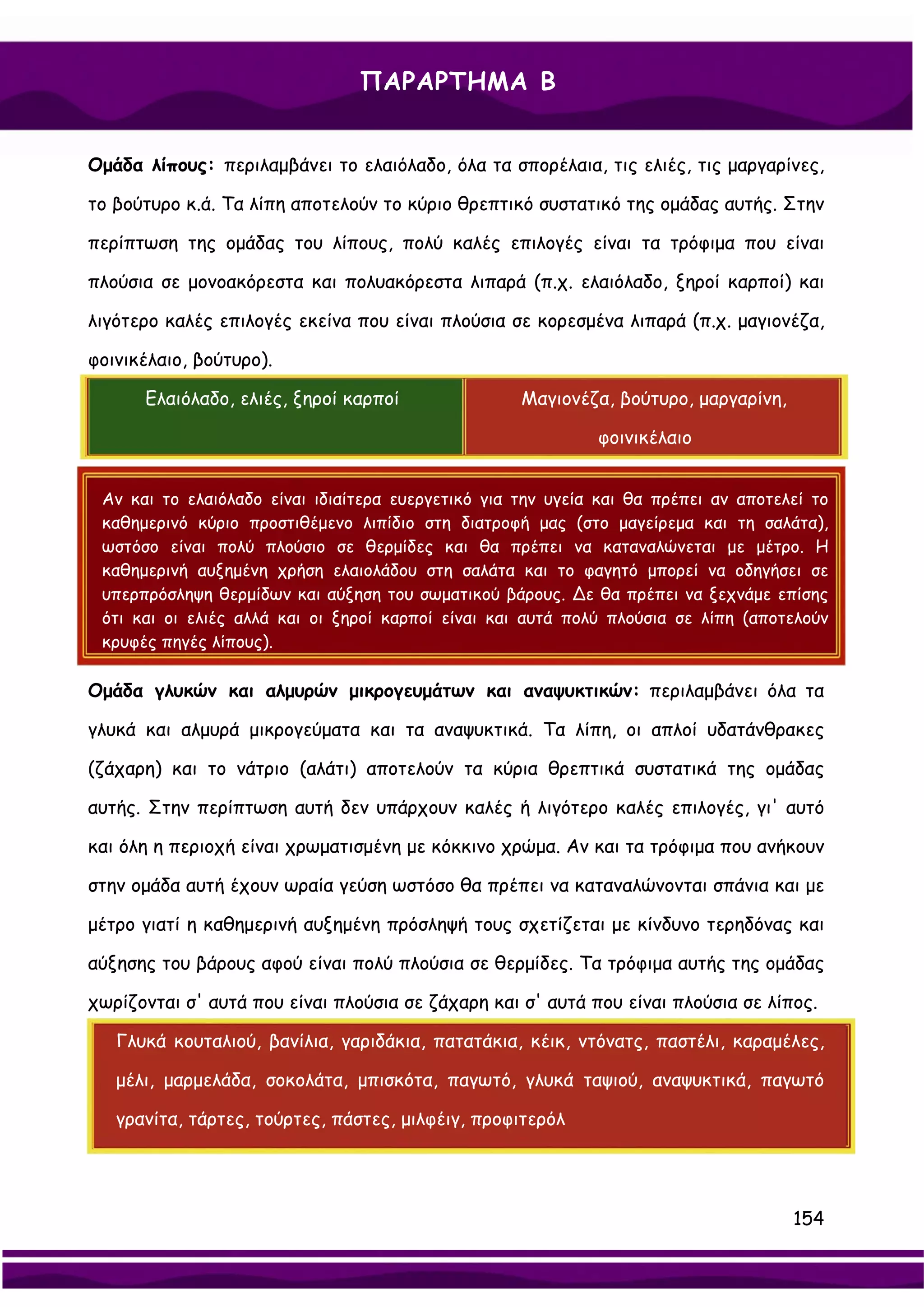 ΠΑΡΑΡΤΗΜΑ Β


Ομάδα λίπους: περιλαμβάνει το ελαιόλαδο, όλα τα σπορέλαια, τις ελιές, τις μαργαρίνες,

το βούτυρο κ.ά. Τα λίπη αποτελούν το κύριο θρεπτικό συστατικό της ομάδας αυτής. Στην

περίπτωση της ομάδας του λίπους, πολύ καλές επιλογές είναι τα τρόφιμα που είναι

πλούσια σε μονοακόρεστα και πολυακόρεστα λιπαρά (π.χ. ελαιόλαδο, ξηροί καρποί) και

λιγότερο καλές επιλογές εκείνα που είναι πλούσια σε κορεσμένα λιπαρά (π.χ. μαγιονέζα,

φοινικέλαιο, βούτυρο).

      Ελαιόλαδο, ελιές, ξηροί καρποί                Μαγιονέζα, βούτυρο, μαργαρίνη,

                                                             φοινικέλαιο


 Αν και το ελαιόλαδο είναι ιδιαίτερα ευεργετικό για την υγεία και θα πρέπει αν αποτελεί το
 καθημερινό κύριο προστιθέμενο λιπίδιο στη διατροφή μας (στο μαγείρεμα και τη σαλάτα),
 ωστόσο είναι πολύ πλούσιο σε θερμίδες και θα πρέπει να καταναλώνεται με μέτρο. Η
 καθημερινή αυξημένη χρήση ελαιολάδου στη σαλάτα και το φαγητό μπορεί να οδηγήσει σε
 υπερπρόσληψη θερμίδων και αύξηση του σωματικού βάρους. ∆ε θα πρέπει να ξεχνάμε επίσης
 ότι και οι ελιές αλλά και οι ξηροί καρποί είναι και αυτά πολύ πλούσια σε λίπη (αποτελούν
 κρυφές πηγές λίπους).
 .
Ομάδα γλυκών και αλμυρών μικρογευμάτων και αναψυκτικών: περιλαμβάνει όλα τα

γλυκά και αλμυρά μικρογεύματα και τα αναψυκτικά. Τα λίπη, οι απλοί υδατάνθρακες

(ζάχαρη) και το νάτριο (αλάτι) αποτελούν τα κύρια θρεπτικά συστατικά της ομάδας

αυτής. Στην περίπτωση αυτή δεν υπάρχουν καλές ή λιγότερο καλές επιλογές, γι' αυτό

και όλη η περιοχή είναι χρωματισμένη με κόκκινο χρώμα. Αν και τα τρόφιμα που ανήκουν

στην ομάδα αυτή έχουν ωραία γεύση ωστόσο θα πρέπει να καταναλώνονται σπάνια και με

μέτρο γιατί η καθημερινή αυξημένη πρόσληψή τους σχετίζεται με κίνδυνο τερηδόνας και

αύξησης του βάρους αφού είναι πολύ πλούσια σε θερμίδες. Τα τρόφιμα αυτής της ομάδας

χωρίζονται σ' αυτά που είναι πλούσια σε ζάχαρη και σ' αυτά που είναι πλούσια σε λίπος.

   Γλυκά κουταλιού, βανίλια, γαριδάκια, πατατάκια, κέικ, ντόνατς, παστέλι, καραμέλες,

   μέλι, μαρμελάδα, σοκολάτα, μπισκότα, παγωτό, γλυκά ταψιού, αναψυκτικά, παγωτό

   γρανίτα, τάρτες, τούρτες, πάστες, μιλφέιγ, προφιτερόλ




                                                                                     154
 