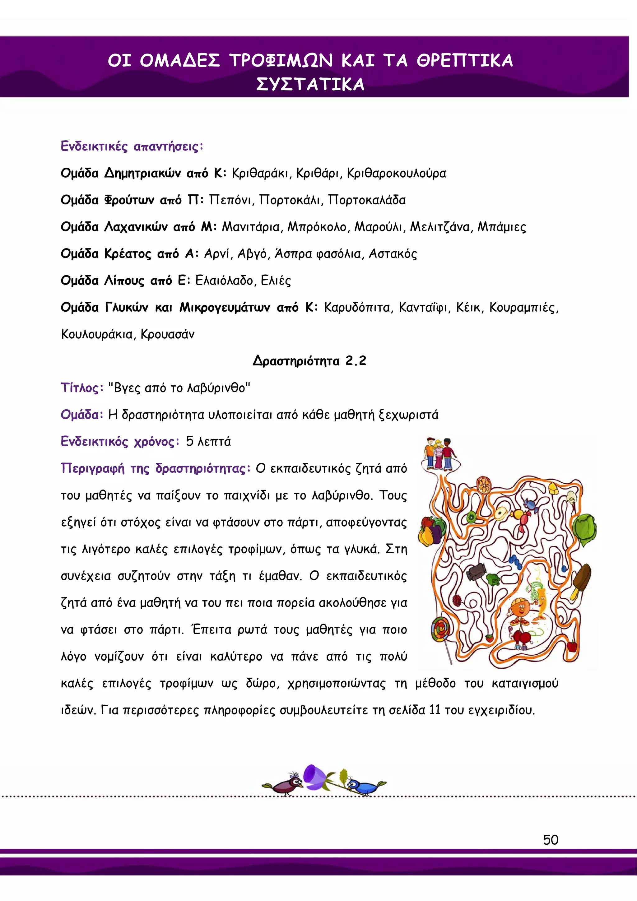 ΟΙ ΟΜΑ∆ΕΣ ΤΡΟΦΙΜΩΝ ΚΑΙ ΤΑ ΘΡΕΠΤΙΚΑ
                   ΣΥΣΤΑΤΙΚΑ


Ενδεικτικές απαντήσεις:

Ομάδα ∆ημητριακών από K: Κριθαράκι, Κριθάρι, Κριθαροκουλούρα

Ομάδα Φρούτων από Π: Πεπόνι, Πορτοκάλι, Πορτοκαλάδα

Ομάδα Λαχανικών από Μ: Μανιτάρια, Μπρόκολο, Μαρούλι, Μελιτζάνα, Μπάμιες

Ομάδα Κρέατος από Α: Αρνί, Αβγό, Άσπρα φασόλια, Αστακός

Ομάδα Λίπους από Ε: Ελαιόλαδο, Ελιές

Ομάδα Γλυκών και Μικρογευμάτων από Κ: Καρυδόπιτα, Κανταΐφι, Κέικ, Κουραμπιές,

Κουλουράκια, Κρουασάν

                                  ∆ραστηριότητα 2.2

Τίτλος: "Βγες από το λαβύρινθο"

Ομάδα: Η δραστηριότητα υλοποιείται από κάθε μαθητή ξεχωριστά

Ενδεικτικός χρόνος: 5 λεπτά

Περιγραφή της δραστηριότητας: Ο εκπαιδευτικός ζητά από

του μαθητές να παίξουν το παιχνίδι με το λαβύρινθο. Τους

εξηγεί ότι στόχος είναι να φτάσουν στο πάρτι, αποφεύγοντας

τις λιγότερο καλές επιλογές τροφίμων, όπως τα γλυκά. Στη

συνέχεια συζητούν στην τάξη τι έμαθαν. Ο εκπαιδευτικός

ζητά από ένα μαθητή να του πει ποια πορεία ακολούθησε για

να φτάσει στο πάρτι. Έπειτα ρωτά τους μαθητές για ποιο

λόγο νομίζουν ότι είναι καλύτερο να πάνε από τις πολύ

καλές επιλογές τροφίμων ως δώρο, χρησιμοποιώντας τη μέθοδο του καταιγισμού

ιδεών. Για περισσότερες πληροφορίες συμβουλευτείτε τη σελίδα 11 του εγχειριδίου.




                                                                                   50
 
