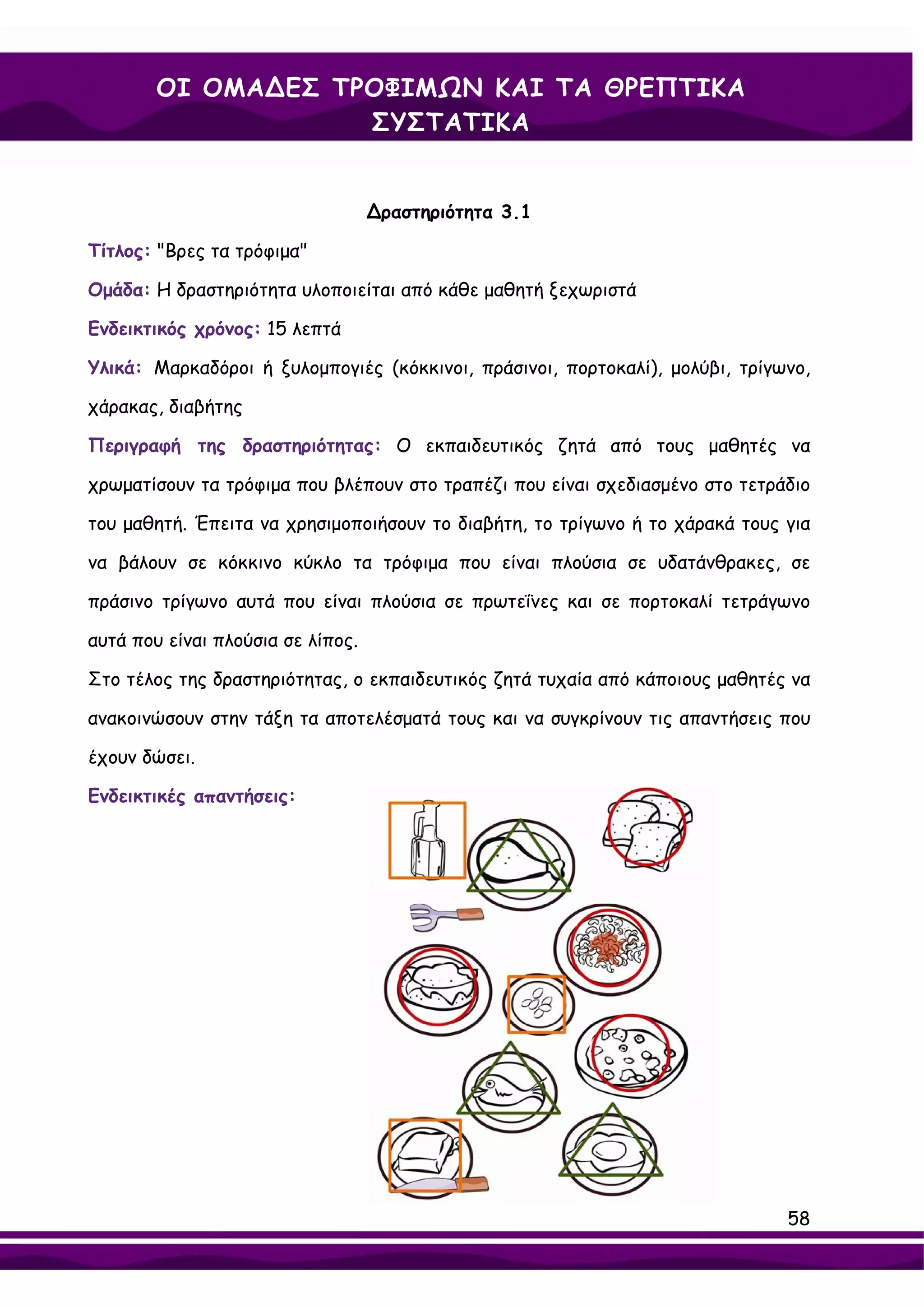 ΟΙ ΟΜΑ∆ΕΣ ΤΡΟΦΙΜΩΝ ΚΑΙ ΤΑ ΘΡΕΠΤΙΚΑ
                    ΣΥΣΤΑΤΙΚΑ


                                   ∆ραστηριότητα 3.1

Τίτλος: "Βρες τα τρόφιμα"

Ομάδα: Η δραστηριότητα υλοποιείται από κάθε μαθητή ξεχωριστά

Ενδεικτικός χρόνος: 15 λεπτά

Υλικά: Μαρκαδόροι ή ξυλομπογιές (κόκκινοι, πράσινοι, πορτοκαλί), μολύβι, τρίγωνο,

χάρακας, διαβήτης

Περιγραφή της δραστηριότητας: Ο εκπαιδευτικός ζητά από τους μαθητές να

χρωματίσουν τα τρόφιμα που βλέπουν στο τραπέζι που είναι σχεδιασμένο στο τετράδιο

του μαθητή. Έπειτα να χρησιμοποιήσουν το διαβήτη, το τρίγωνο ή το χάρακά τους για

να βάλουν σε κόκκινο κύκλο τα τρόφιμα που είναι πλούσια σε υδατάνθρακες, σε

πράσινο τρίγωνο αυτά που είναι πλούσια σε πρωτεΐνες και σε πορτοκαλί τετράγωνο

αυτά που είναι πλούσια σε λίπος.

Στο τέλος της δραστηριότητας, ο εκπαιδευτικός ζητά τυχαία από κάποιους μαθητές να

ανακοινώσουν στην τάξη τα αποτελέσματά τους και να συγκρίνουν τις απαντήσεις που

έχουν δώσει.

Ενδεικτικές απαντήσεις:




                                                                              58
 