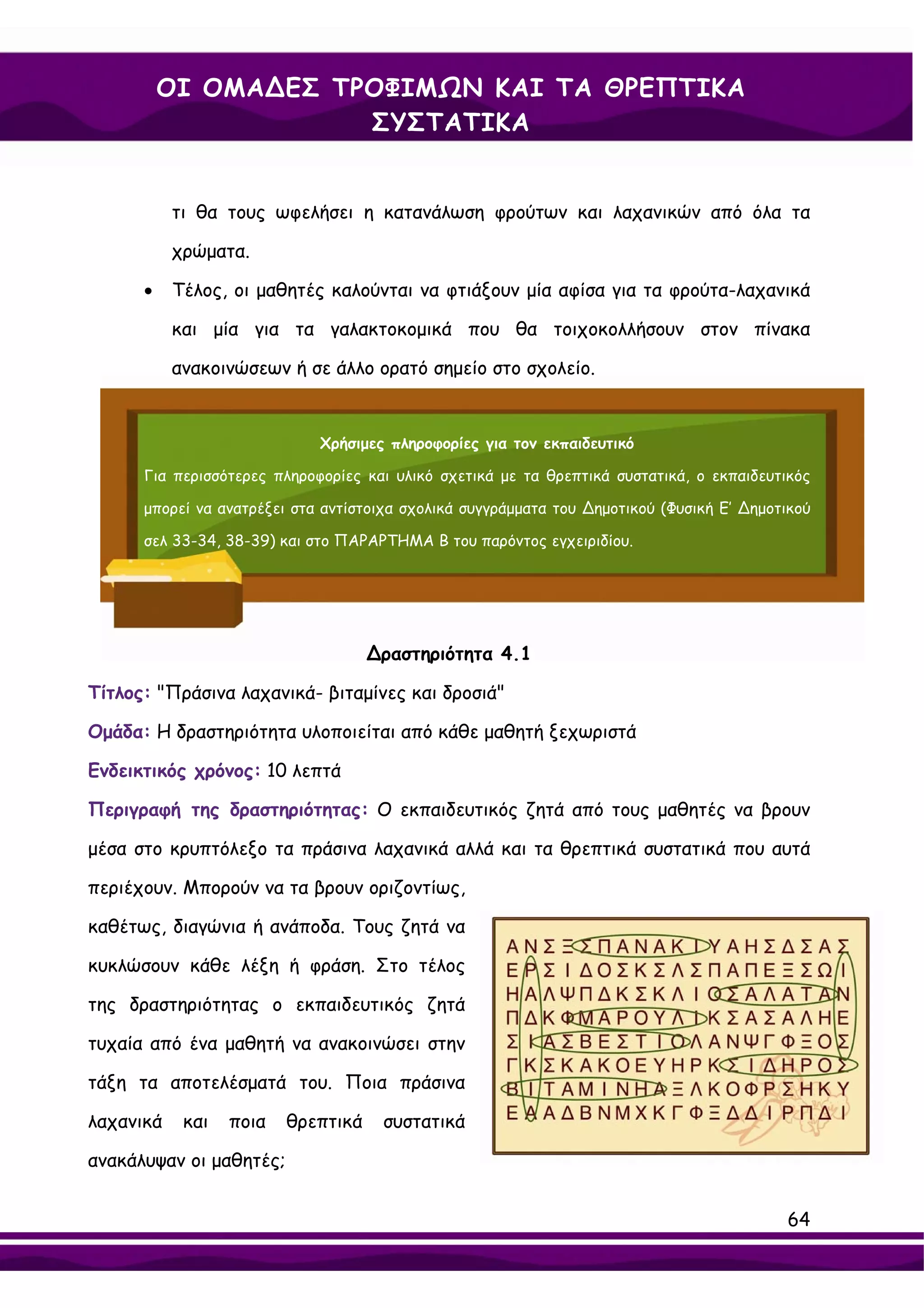 ΟΙ ΟΜΑ∆ΕΣ ΤΡΟΦΙΜΩΝ ΚΑΙ ΤΑ ΘΡΕΠΤΙΚΑ
                      ΣΥΣΤΑΤΙΚΑ


           τι θα τους ωφελήσει η κατανάλωση φρούτων και λαχανικών από όλα τα

           χρώματα.

      •    Τέλος, οι μαθητές καλούνται να φτιάξουν μία αφίσα για τα φρούτα-λαχανικά

           και μία για τα γαλακτοκομικά που θα τοιχοκολλήσουν στον πίνακα

           ανακοινώσεων ή σε άλλο ορατό σημείο στο σχολείο.


                             Χρήσιμες πληροφορίες για τον εκπαιδευτικό

      Για περισσότερες πληροφορίες και υλικό σχετικά με τα θρεπτικά συστατικά, ο εκπαιδευτικός

      μπορεί να ανατρέξει στα αντίστοιχα σχολικά συγγράμματα του ∆ημοτικού (Φυσική Ε’ ∆ημοτικού

      σελ 33-34, 38-39) και στο ΠΑΡΑΡΤΗΜΑ Β του παρόντος εγχειριδίου.




                                    ∆ραστηριότητα 4.1

Τίτλος: "Πράσινα λαχανικά- βιταμίνες και δροσιά"

Ομάδα: Η δραστηριότητα υλοποιείται από κάθε μαθητή ξεχωριστά

Ενδεικτικός χρόνος: 10 λεπτά

Περιγραφή της δραστηριότητας: Ο εκπαιδευτικός ζητά από τους μαθητές να βρουν

μέσα στο κρυπτόλεξο τα πράσινα λαχανικά αλλά και τα θρεπτικά συστατικά που αυτά

περιέχουν. Μπορούν να τα βρουν οριζοντίως,

καθέτως, διαγώνια ή ανάποδα. Τους ζητά να

κυκλώσουν κάθε λέξη ή φράση. Στο τέλος

της δραστηριότητας ο εκπαιδευτικός ζητά

τυχαία από ένα μαθητή να ανακοινώσει στην

τάξη τα αποτελέσματά του. Ποια πράσινα

λαχανικά    και   ποια   θρεπτικά    συστατικά

ανακάλυψαν οι μαθητές;


                                                                                           64
 
