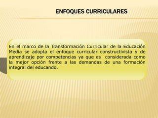 ENFOQUES CURRICULARES




En el marco de la Transformación Curricular de la Educación
Media se adopta el enfoque curricular constructivista y de
aprendizaje por competencias ya que es considerada como
la mejor opción frente a las demandas de una formación
integral del educando.
 
