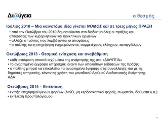 4 
Οκτώβριος 2013 - Θεσμική ενίσχυση και αναβάθμιση 
ο θεσμός 
• κάθε απόφαση αποκτά ισχύ μέσω της ανάρτησής της στο «ΔΙΑΥΓΕΙΑ» 
• το αναρτημένο έγγραφο υπερισχύει έναντι των υπολοίπων εκδόσεων της πράξης 
• ο πολίτης μπορεί να επικαλείται τα αναρτημένα έγγραφα στις συναλλαγές του με τις δημόσιες υπηρεσίες, κάνοντας χρήση του μοναδικού Αριθμού Διαδικτυακής Ανάρτησης ΑΔΑ 
Ιούλιος 2010 – Μια καινοτόμα ιδέα γίνεται ΝΟΜΟΣ και σε τρεις μήνες ΠΡΑΞΗ 
• από τον Οκτώβριο του 2010 δημοσιεύονται στο διαδίκτυο όλες οι πράξεις και αποφάσεις των κυβερνητικών και διοικητικών οργάνων 
• αλλάζει ο τρόπος που λαμβάνονται οι αποφάσεις 
• ο πολίτης και η επιχείρηση ενημερώνονται, συμμετέχουν, ελέγχουν, καταγγέλλουν 
Οκτώβριος 2014 – Επέκταση 
• ένταξη επιχορηγούμενων φορέων (ΜΚΟ, μη κερδοσκοπικοί φορείς, σωματεία, ιδρύματα κ.α.) 
• εκτέλεση προϋπολογισμού  