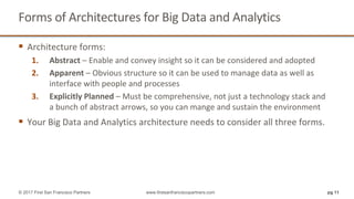 Forms	of	Architectures	for	Big	Data	and	Analytics	
§ Architecture	forms:	
1. Abstract – Enable	and	convey	insight	so	it	can	be	considered	and	adopted
2. Apparent – Obvious	structure	so	it	can	be	used	to	manage	data	as	well	as	
interface	with	people	and	processes
3. Explicitly	Planned	– Must	be	comprehensive,	not	just	a	technology	stack	and	
a	bunch	of	abstract	arrows,	so	you	can	mange	and	sustain	the	environment		
§ Your	Big	Data	and	Analytics	architecture	needs	to	consider	all	three	forms.
pg 11© 2017 First San Francisco Partners www.firstsanfranciscopartners.com
 
