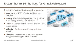 These	will	affect	architecture	and	progression:
§ Veracity (the	4th V)	– Scattered,	isolated,	
reactive	
§ Variety – Consolidating	content,	insight	from	
more	than	just	rows	and	columns
§ Volume – Consolidated	content,	tactical	uses,	
monetization	
§ Velocity – Business	velocity,	not	just	data	
velocity		
§ “Net	New”	– Generation	skipping,	balance	
alongside	meeting	traditional	needs	
Factors	That	Trigger	the	Need	for	Formal	Architecture	
pg 14© 2017 First San Francisco Partners www.firstsanfranciscopartners.com
 