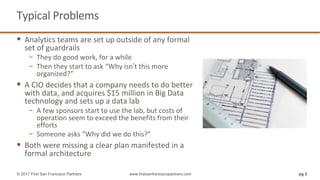 Typical	Problems
§ Analytics	teams	are	set	up	outside	of	any	formal	
set	of	guardrails	
− They	do	good	work,	for	a	while	
− Then	they	start	to	ask	“Why	isn’t	this	more	
organized?”
§ A	CIO	decides	that	a	company	needs	to	do	better	
with	data,	and	acquires	$15	million	in	Big	Data	
technology	and	sets	up	a	data	lab
− A	few	sponsors	start	to	use	the	lab,	but	costs	of	
operation	seem	to	exceed	the	benefits	from	their	
efforts
− Someone	asks	“Why	did	we	do	this?”	
§ Both	were	missing	a	clear	plan	manifested	in	a	
formal	architecture	
pg 3© 2017 First San Francisco Partners www.firstsanfranciscopartners.com
 