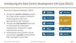 First San Francisco Partners’ DCLC:
 Recognizes specific activities needed
for a data-centric project instead of
abstracting them into over-
generalizations like “analysis.”
 Provides for real iterations that lead
to refinement of information
requirements, instead of a single-
requirements activity.
 Understands some activities can be
carried out in parallel, instead of the
SDLC and Agile’s linear flow.
pg 21© 2017 First San Francisco Partners www.firstsanfranciscopartners.com
Introducing the Data-Centric Development Life Cycle (DCLC)
 