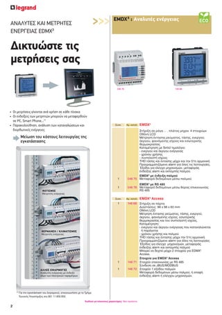 2
Κωδικοί με κόκκινους χαρακτήρες: Νέα προϊόντα
EMDX³ : Αναλυτές ενέργειας
046 76
Συσκ. Αρ. καταλ. EMDX3
¶
Στήριξη σε ράγα 2 , πλάτος μηχαν. 4 στοιχείων
Οθόνη LCD
Μέτρηση έντασης ρεύματος, τάσης, ενεργού,
άεργου, φαινόμενης ισχύος και εσωτερικής
θερμοκρασίας
Καταμέτρηση με διπλό τιμολόγιο:
- ενεργού και άεργου ενέργειας
- χρόνου χρήσης
- συντελεστή ισχύος
ΤΗD τάσης και έντασης μέχρι και την 51η αρμονική
Προγραμματιζόμενο alarm για όλες τις λειτουργίες.
Έξοδοι για έλεγχο μηχανισμών, μεταφοράς
ένδειξης alarm και εκπομπής παλμού.
EMDX3
με ένδειξη παλμού
1 046 75 Μεταφορά δεδομένων μέσω παλμού
EMDX3
με RS 485
1 046 76 Μεταφορά δεδομένων μέσω θύρας επικοινωνίας
RS 485
ΑΝΑΛΥΤΕΣ ΚΑΙ ΜΕΤΡΗΤΕΣ
ΕΝΕΡΓΕΙΑΣ EDMX³
>>>
Οι μετρήσεις γίνονται ανά χρήση σε κάθε πίνακα•
Οι ενδείξεις των μετρητών μπορούν να μεταφερθούν•
σε PC, Smart Phone...(*)
Παρακολούθηση, ανάλυση των καταναλώσεων και•
διορθωτικές ενέργειες
∆ικτυώστε τις
μετρήσεις σας
146 68
Συσκ. Αρ. καταλ. EMDX3
Access
1 146 68 Στήριξη σε πόρτα
Διαστάσεις: 96 x 96 x 60 mm
Οθόνη LCD
Μέτρηση έντασης ρεύματος, τάσης, ενεργού,
άεργου, φαινόμενης ισχύος, εσωτερικής
θερμοκρασίας και του συντελεστή ισχύος.
Καταμέτρηση:
- ενεργού και άεργου ενέργειας που καταναλώνεται
ή παράγεται
- χρόνου χρήσης και παλμού
ΤΗD τάσης και έντασης μέχρι την 51η αρμονική
Προγραμματιζόμενο alarm για όλες τις λειτουργίες
Έξοδος για έλεγχο μηχανισμών, μεταφοράς
ένδειξης alarm και εκπομπής παλμού
Μπορεί να δεχτεί μέχρι 2 στοιχεία για EDMX3
¶
Access.
Στοιχεία για EMDX3
Access
1 146 71 Στοιχείο επικοινωνίας με RS 485
Σύνδεση σε JBUS/MODBUS
1 146 72 Στοιχείο 1 εξόδου παλμών
Μεταφορά δεδομένων μέσω παλμού, ή επαφή
ένδειξης alarm ή ελέγχου μηχανισμών.
ΘΕΡΜΑΝΣΗ / ΚΛΙΜΑΤΙΣΜΟΣ
Mετρητής ενέργειας
ΑΛΛΕΣ ΕΦΑΡΜΟΓΕΣ
Αναλυτής ενέργειας με ένδειξη
όλων των ηλεκτρικών παραμέτρων
ΘΕΡΜΑΝΣΗ / ΚΛΙΜΑΤΙΣΜΟΣ
ΦΩΤΙΣΜΟΣ
Mετρητής ενέργειας
Μείωση του κόστους λειτουργίας της
εγκατάστασης
(*)
Για την εγκατάσταση του λογισμικού, επικοινωνήστε με το Τμήμα
Τεχνικής Υποστήριξης στο 801 11 850 850
 