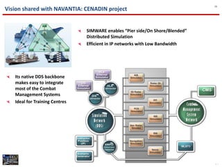16
Vision shared with NAVANTIA: CENADIN project


                                        SIMWARE enables “Pier side/On Shore/Blended”
                                        Distributed Simulation
                                        Efficient in IP networks with Low Bandwidth




   Its native DDS backbone
   makes easy to integrate
   most of the Combat
   Management Systems
   Ideal for Training Centres




                                © NEXTEL AEROSPACE DEFENCE & SECURITY S.L., 2012.
                                 Reservados todos los derechos / All Rights Reserved
 